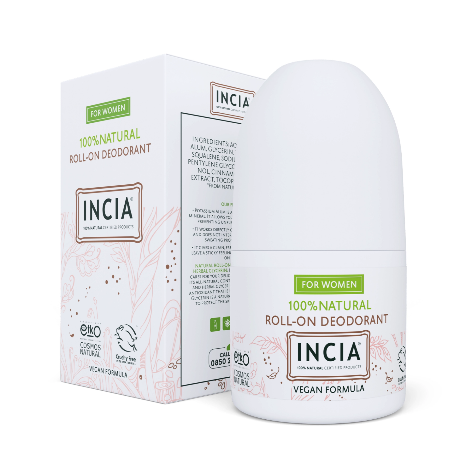 Incia Roll On Deodorant Kadınlar İçin Ter Kokusu Önleyici Lekesiz 50 ml - (SKT: 02/2027)